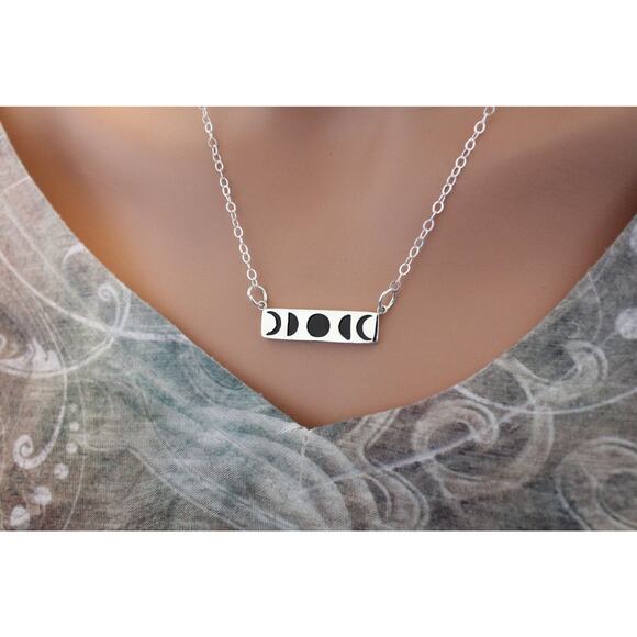 Sterling Silver Moon Phase Pendant Necklace With Black Wood - Picture 2 of 3